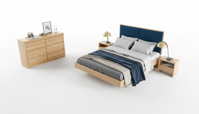 Camera da letto Set 4 pezzi. Letto 2 comodini e cassettiera in legno massiccio nuovo.