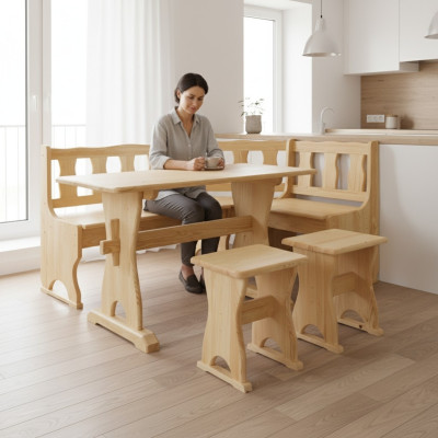 Panca d'angolo in legno massiccio per la zona pranzo cucina, panca d'angolo in legno massiccio, angolo pranzo, arredamento, mobili in vero legno.