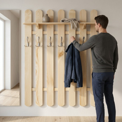 Armadio ad angolo con 7 ganci, pannello in legno massello per corridoio.