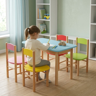 Set di sedie per bambini in legno massiccio 5 pezzi. Gruppo di sedute e tavolo.