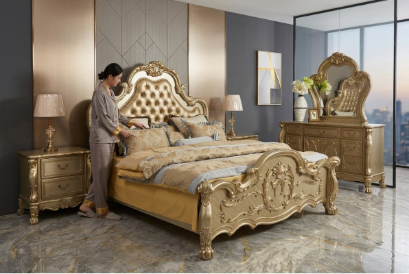 Letto Letto imbottito di lusso Camera da letto matrimoniale Barocco Legno Pelle Letti