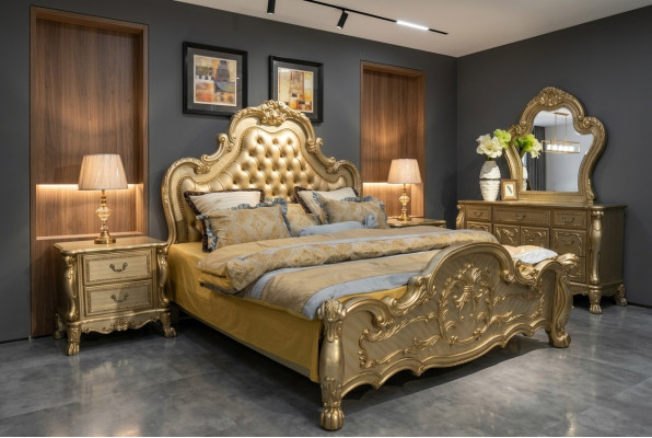 Letto Letto imbottito di lusso Camera da letto matrimoniale Barocco Legno Pelle Letti