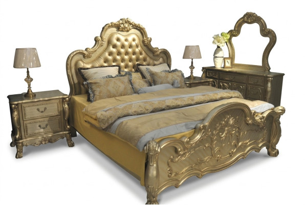 Letto Letto imbottito di lusso Camera da letto matrimoniale Barocco Legno Pelle Letti