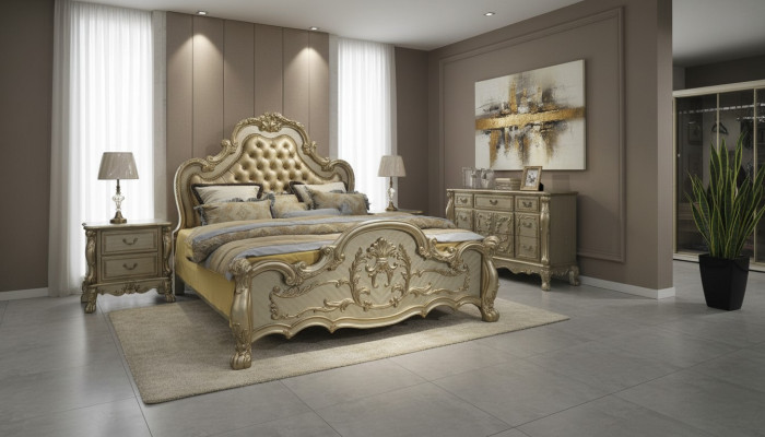 Letto + 2x comodini 3 pezzi. Set da camera da letto di lusso design Barocco.