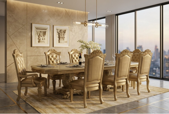 Completo ambiente sala da pranzo beige, tavolo da pranzo con sedie di design.