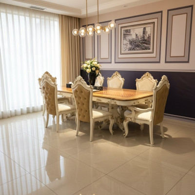 Set da pranzo reale in stile barocco rococò con tavolo e 6 sedie.