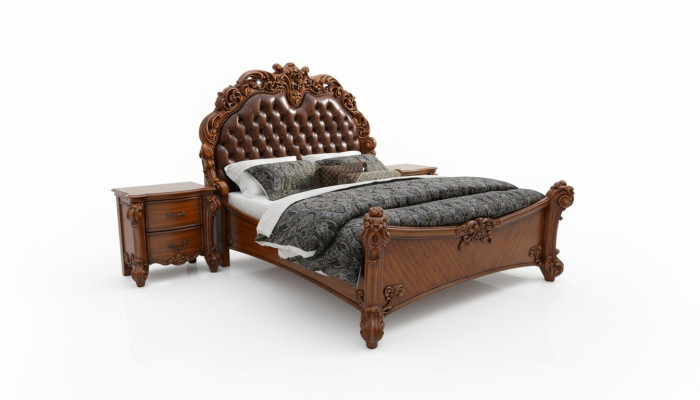 Set camera da letto Letto + 2x comodini Chesterfield Legno Pelle Letti Imbottiti