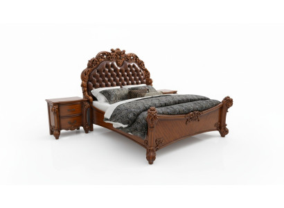 Set camera da letto Letto + 2x comodini Chesterfield Legno Pelle Letti Imbottiti
