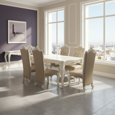 Set da pranzo in stile barocco-rococò, tavolo da pranzo x6 sedie in pelle Chesterfield.