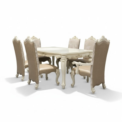 Set da pranzo in stile barocco-rococò, tavolo da pranzo x6 sedie in pelle Chesterfield.