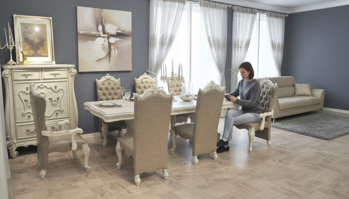 Set da pranzo color avorio antico, grande tavolo da pranzo con sedie in pelle Chesterfield. Set da pranzo color avorio antico, grande tavolo da pranzo con sedie in pelle Chesterfield.