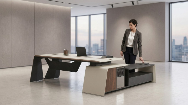 Scrivania d'angolo, ufficio, capo, arredamento, stanza, mobili, design, scrivanie.