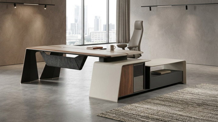 Scrivania d'angolo, ufficio, capo, arredamento, stanza, mobili, design, scrivanie.