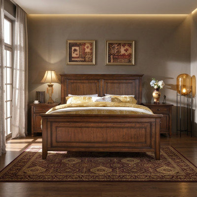 Design letto di lusso dell'hotel, letti matrimoniali in legno, camera da letto nuova in stile rustico.