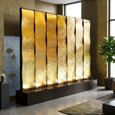 Decorazione pareti d'acqua XXL in acciaio inossidabile, divisori su misura, parete d'acqua a LED.