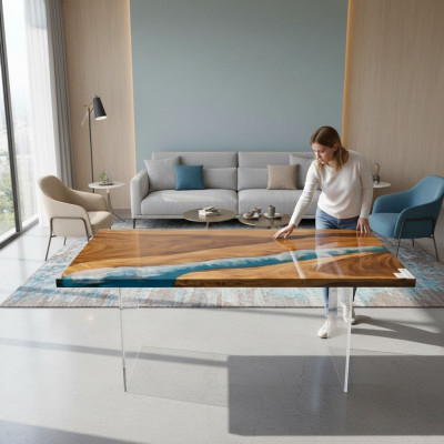 Tavolo da pranzo River Table in legno massiccio resina epossidica Tavoli 161x81 Nuovo