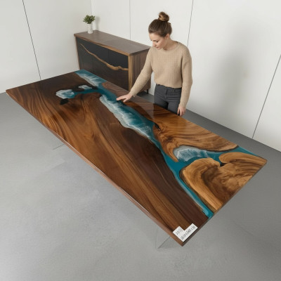Resina epossidica tavolo fiume in legno massiccio vero acqua blu tabello epossidico.