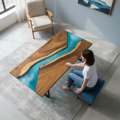 Tavolo di lusso in legno reale con resina epossidica Tavolo fluviale Nero Acqua Epossidico