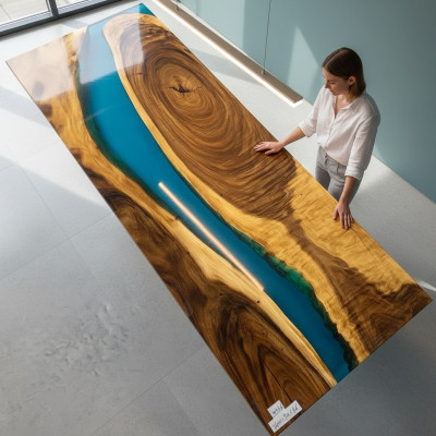 Legno autentico Tavolo con cascata d'acqua Resina epossidica Tavoli da pranzo in legno massello Epossidico