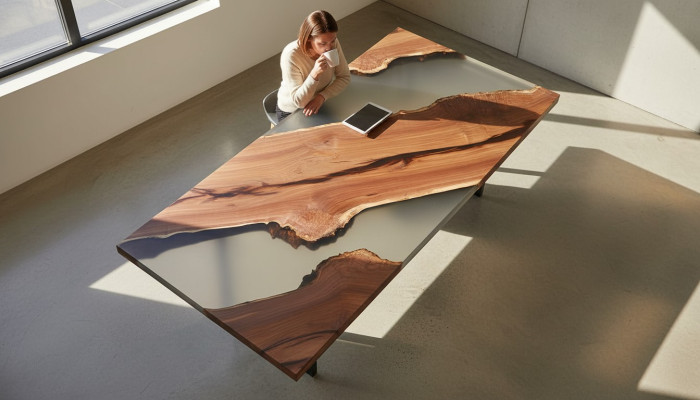 Tavolo da pranzo River Table in legno massiccio con decorazioni in resina epossidica.