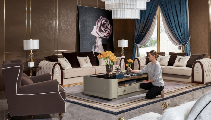 Divano Chesterfield beige in tessuto stoffa divani divani di lusso a 4 posti 295cm.