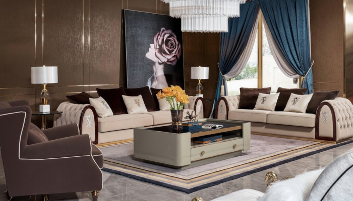 Divano Chesterfield beige in tessuto stoffa divani divani di lusso a 4 posti 295cm.