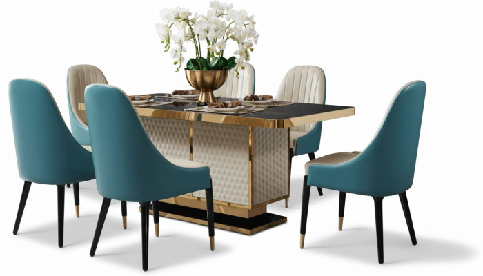 Designer set da tavolo da pranzo e soggiorno in legno con 4 sedie con schienale.