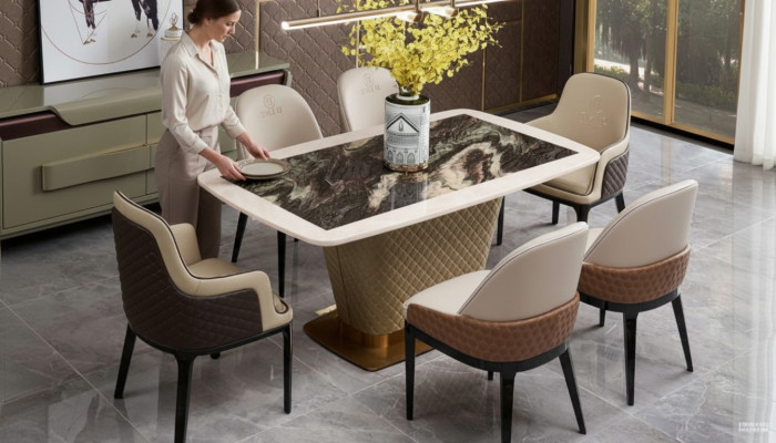 Tavolo da pranzo Set da pranzo Tavolo Sedie Set 7 pezzi Pelle Acciaio inossidabile Sedie con schienale