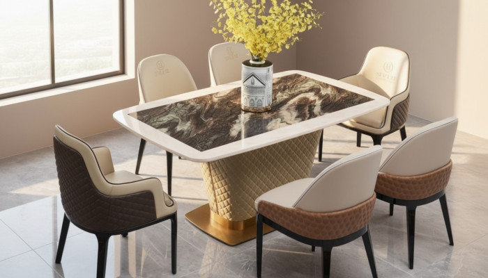 Tavolo da pranzo Set da pranzo Tavolo Sedie Set 7 pezzi Pelle Acciaio inossidabile Sedie con schienale