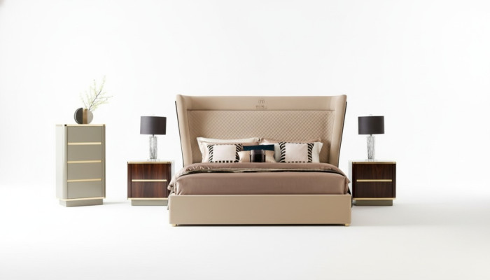 Set camera da letto con letto design, 2 comodini e un settimino, nuovo.