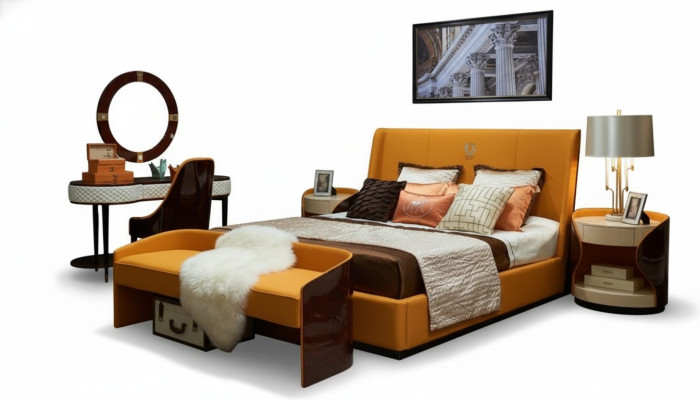 Letto comodino sgabello 4 pezzi. Set da camera da letto Design moderno Lussuoso Letti Nuovi