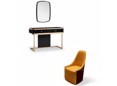 Tavolo trucco, specchio, sedia, console di lusso, cassettone, camera da letto 3 pezzi.