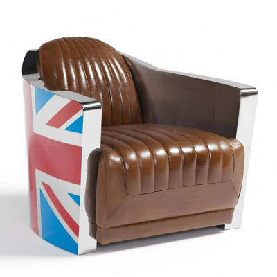 Union Jack Aviator Retro Poltrona Club in pelle marrone vintage.