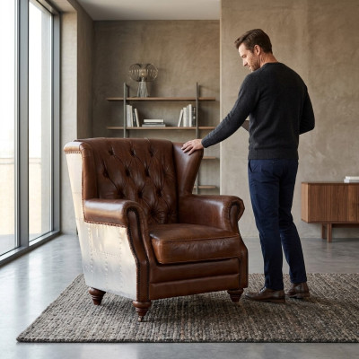 Poltrona vintage Chesterfield con poggiatesta per suole e braccioli, poltrona da club.