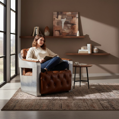 Poltrona Aviatore Chesterfield Shabby Vintage Sedia in Pelle Club Lounge di Design