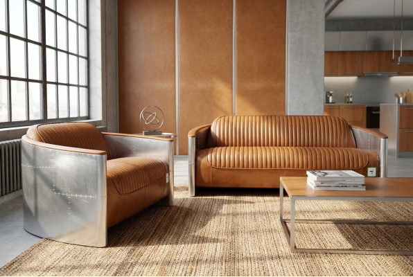 Lussuoso set di divani vintage in alluminio e pelle, mobili in metallo divani poltrone.