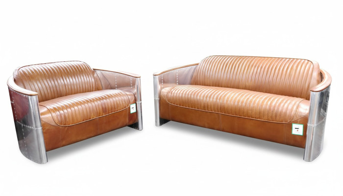 Lussuoso set di divani vintage in alluminio e pelle, mobili in metallo divani poltrone.