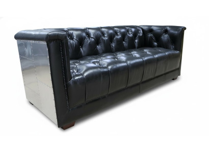Divano Chesterfield 3 posti vintage in vera pelle da aviatore di aereo in alluminio.
