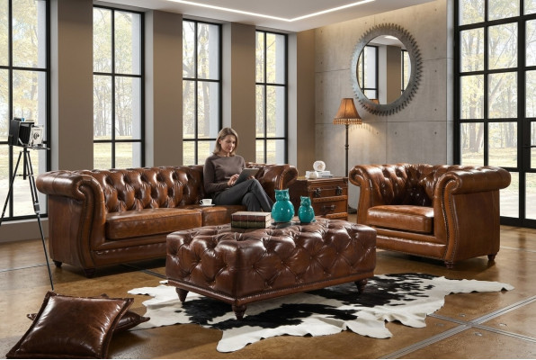 Sofà Chesterfield vintage in pelle condivano imbottito 3+1 posti set da 2 pezzi.