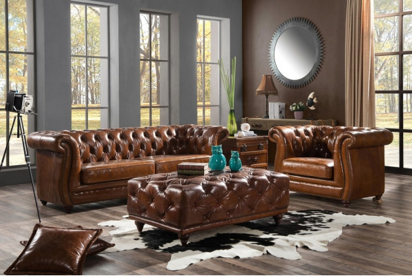 Sofà Chesterfield vintage in pelle condivano imbottito 3+1 posti set da 2 pezzi.