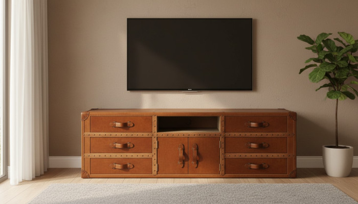 Comò d'epoca Sideboard in pelle TV Lowboard Baule Stile Old Look Tavolino Koffer Tisch