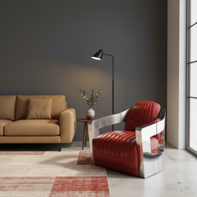 Aereo Sedia in Pelle Vintage Rossa Vera Pelle Stile Retrò Poltrona Design Club