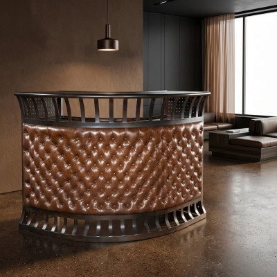 Chesterfield Bar Tische Stehtisch Lounge Club Luxus Tisch Vintage Tresen Leder translated to Italian is: Tavoli da bar Chesterfield, bancone da bar vintage in pelle da lounge club di lusso.