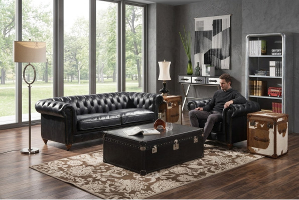 Divano Chesterfield 3 posti con poltrona in pelle nera vintage, stile mobili 2 pezzi, nuovo.