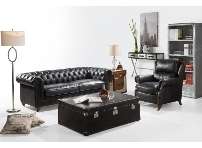 Divano Chesterfield 3 posti con poltrona in pelle nera vintage, stile mobili 2 pezzi, nuovo.