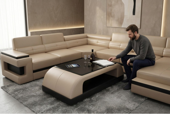 Tavolino da caffè in vetro Design Tavolo Soggiorno Divano in pelle Tavolini laterali
