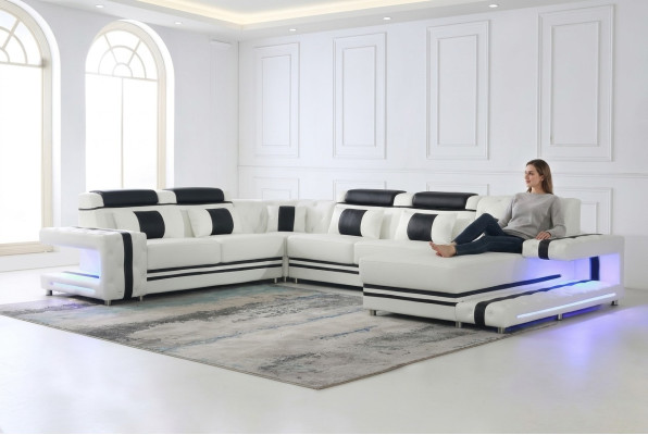 Divano ad angolo a forma di U Divano imbottito design in pelle Grande divano in pelle paesaggio abitativo