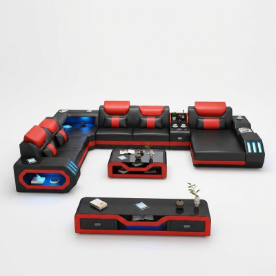 Sofà di grandi dimensioni design con USB, divano d'angolo, divano paesaggistico a forma di U, in pelle tessile.