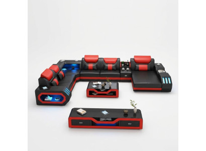 Sofà di grandi dimensioni design con USB, divano d'angolo, divano paesaggistico a forma di U, in pelle tessile.