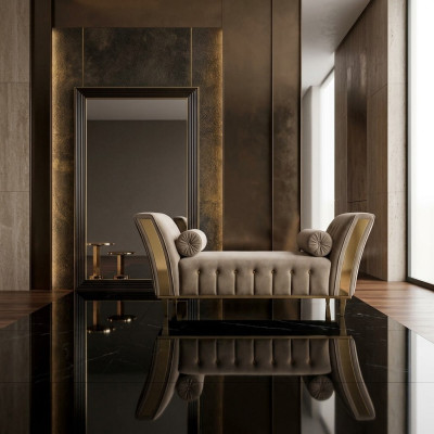 Divano da soggiorno in stile lounge, con cuscini, chaise longue.